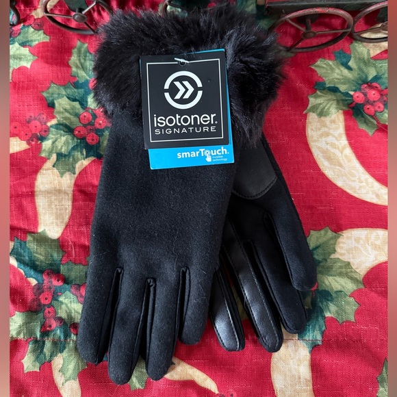 isotoner Accessories - Isotoner Signature Black Fur-Trimmed Women's Gloves